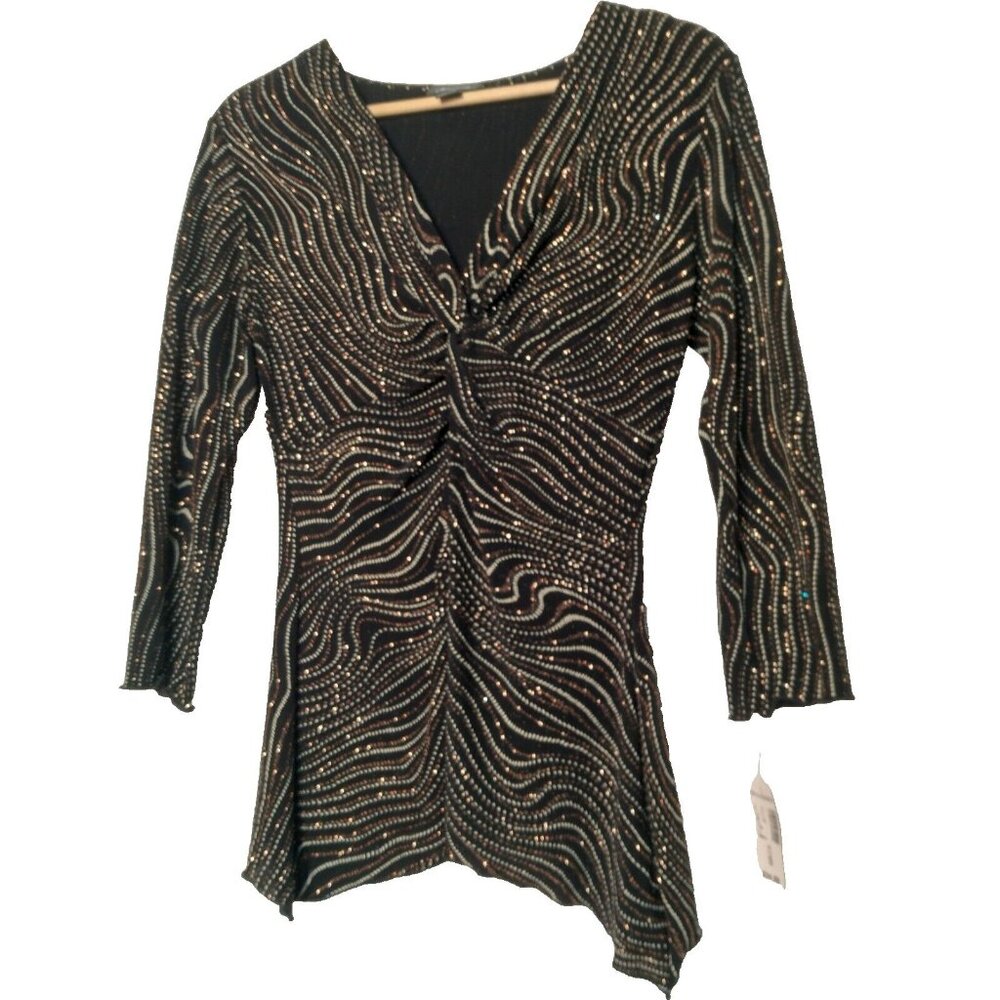 Vintage Y2K Dressbarn Collection Shirt Small Black Metallic Stretch Long Sleeve